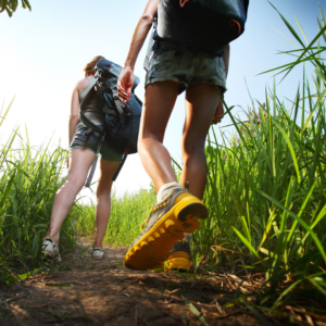two women hike through long grass where infected ticks hide